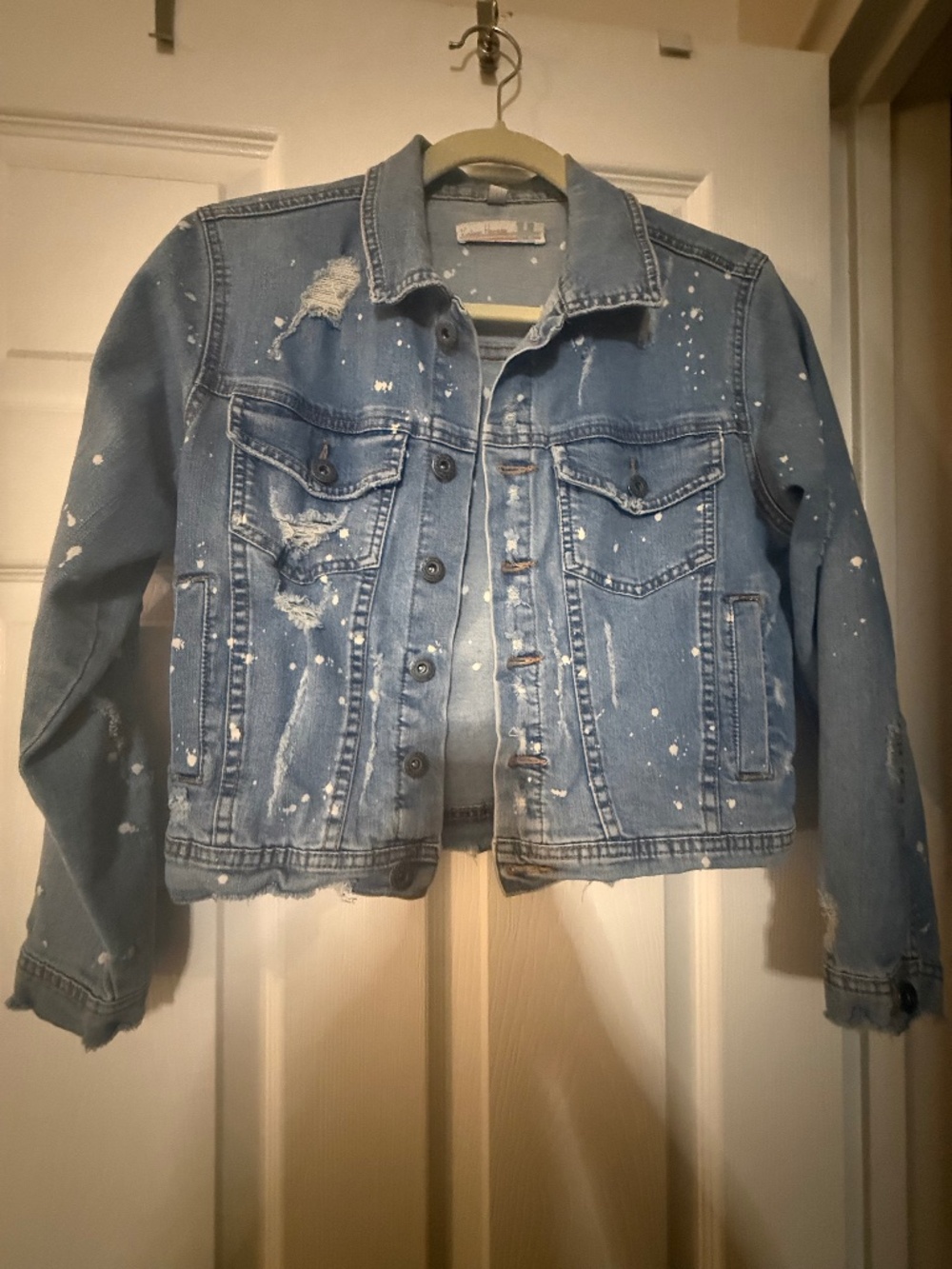 Vintage Havana Denim Jacket Girls L 14 Fits Womens XS-S Paint Splatter Distresse
